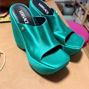 Versace Emerald Satin Platform Mules
